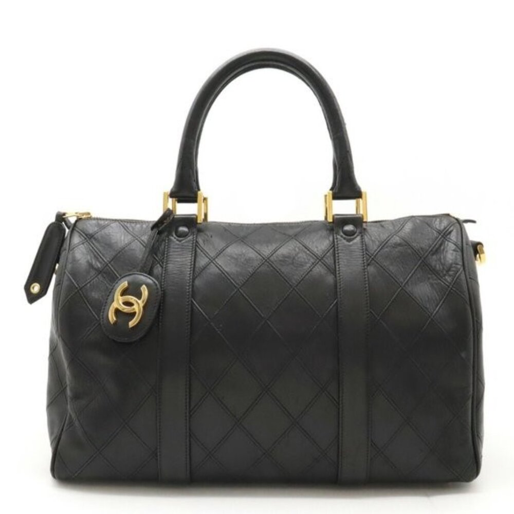 CHANEL Bicolor Coco Mark Handbag Boston Bag Leather Black - Picture 2 of 10